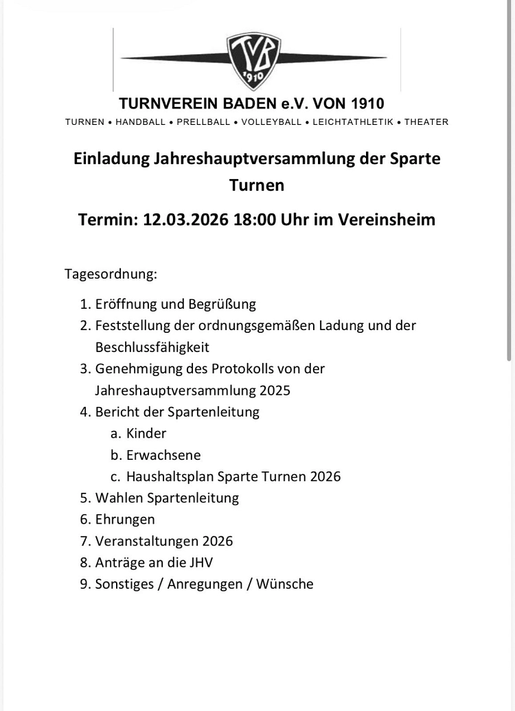 Einladung JHV&nbsp;&copy;&nbsp;Turnverein Baden e.V.